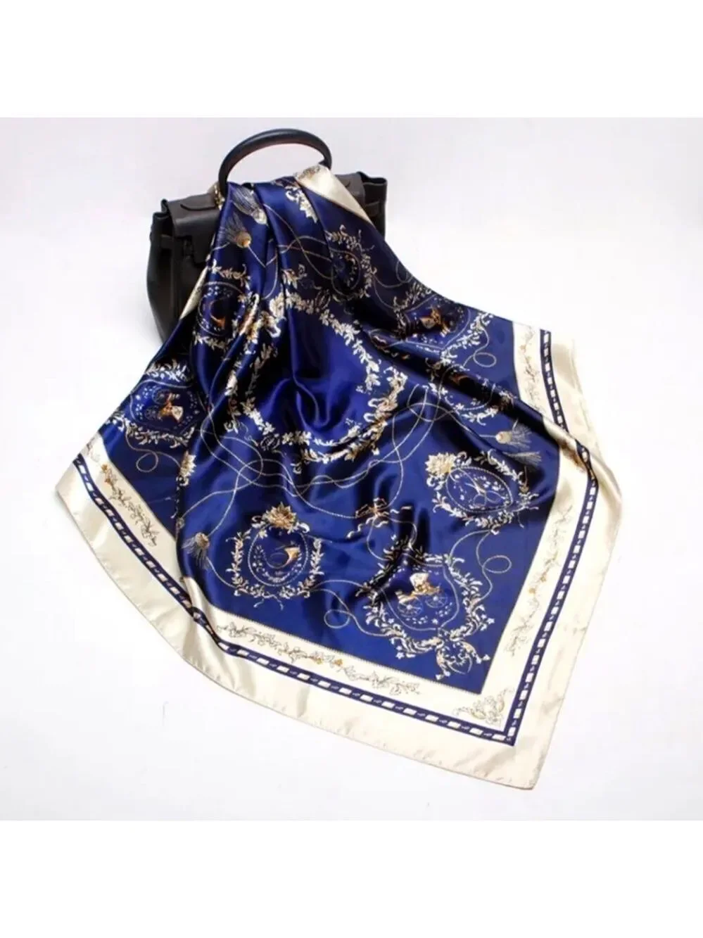 Scarf Headwraps for Women Silk Scarf Navy Satin Print 35 x 35